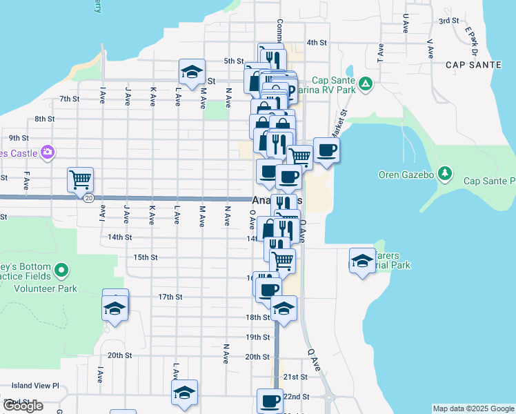 map of restaurants, bars, coffee shops, grocery stores, and more near 1102 12th Street in Anacortes