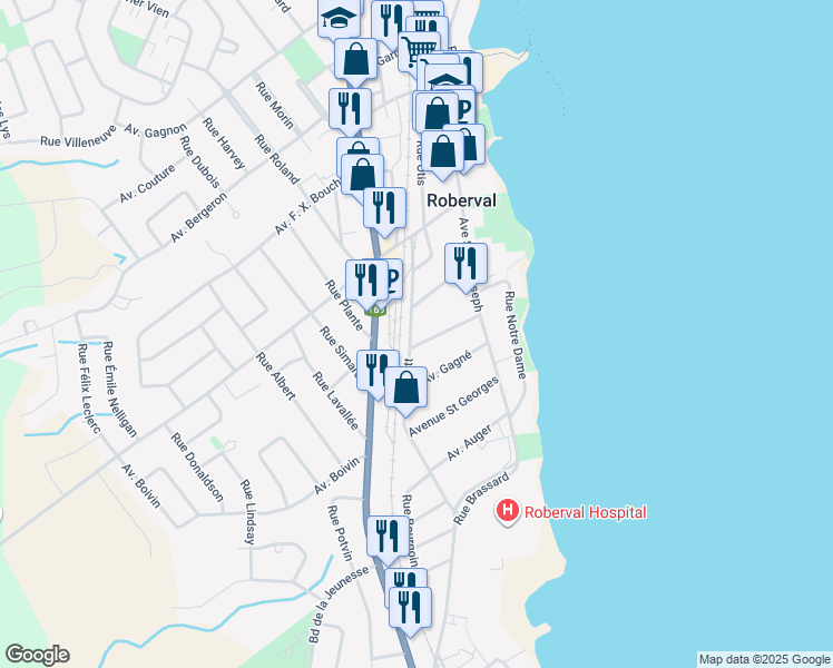 map of restaurants, bars, coffee shops, grocery stores, and more near 157 Avenue Marcoux in Roberval