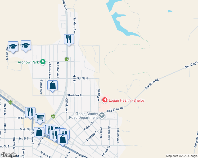 map of restaurants, bars, coffee shops, grocery stores, and more near 860 Spirit Drive in Shelby