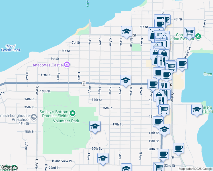 map of restaurants, bars, coffee shops, grocery stores, and more near 1507 12th Street in Anacortes
