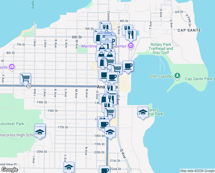 map of restaurants, bars, coffee shops, grocery stores, and more near Washington 20 Spur in Anacortes