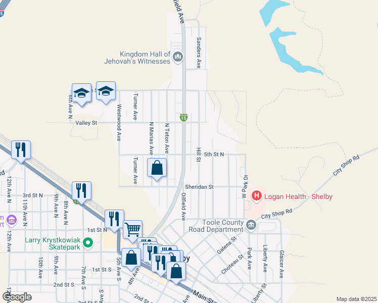 map of restaurants, bars, coffee shops, grocery stores, and more near 208 Gallatin St in Shelby