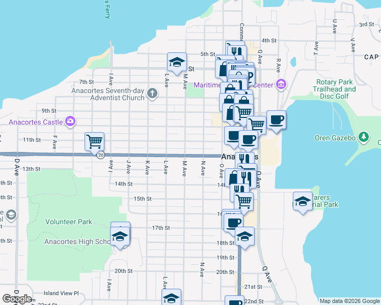 map of restaurants, bars, coffee shops, grocery stores, and more near 1302 12th Street in Anacortes