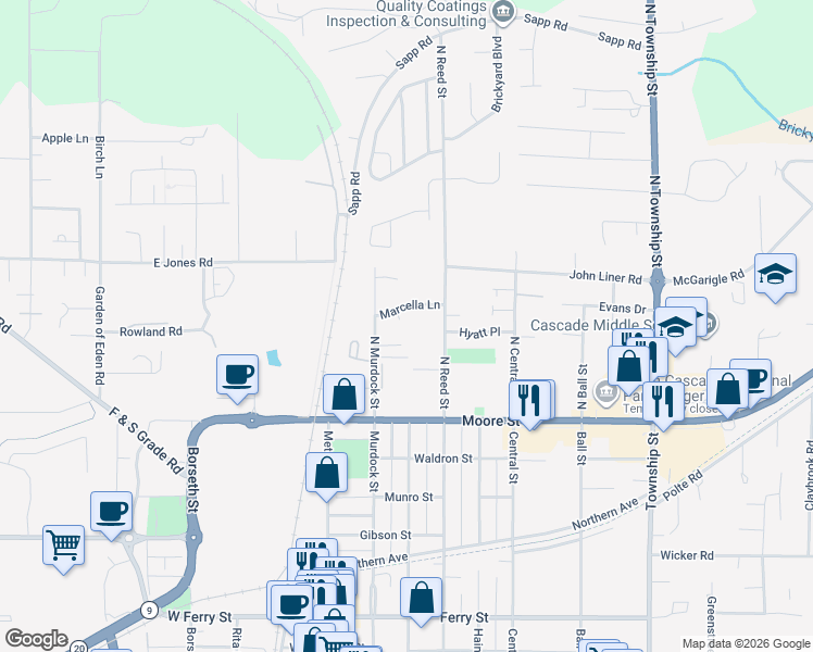 map of restaurants, bars, coffee shops, grocery stores, and more near 308 Marcella Court in Sedro-Woolley