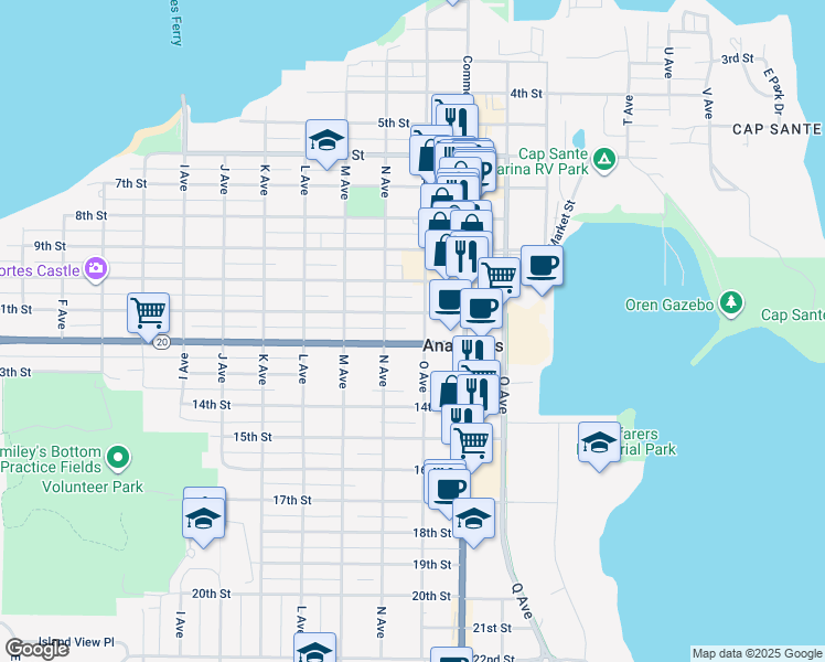 map of restaurants, bars, coffee shops, grocery stores, and more near 1102 12th Street in Anacortes