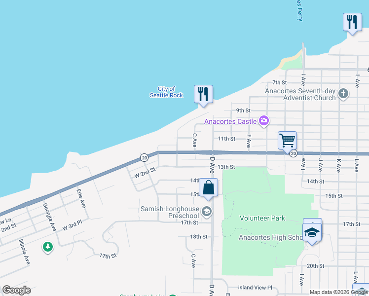 map of restaurants, bars, coffee shops, grocery stores, and more near 2316 12th Street in Anacortes
