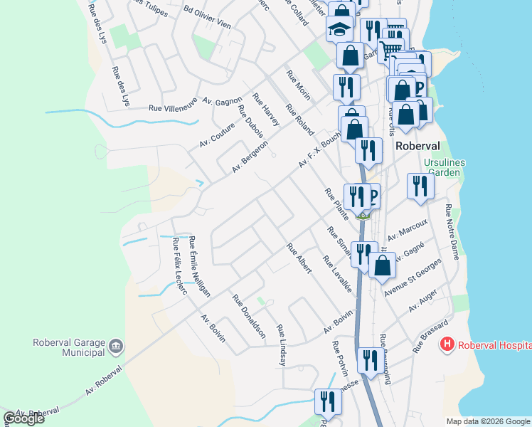 map of restaurants, bars, coffee shops, grocery stores, and more near 785 Rue Albert in Roberval