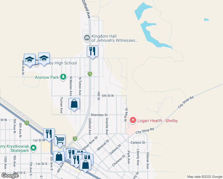 map of restaurants, bars, coffee shops, grocery stores, and more near 211 Gallatin Street in Shelby