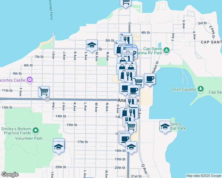 map of restaurants, bars, coffee shops, grocery stores, and more near 1102 12th Street in Anacortes