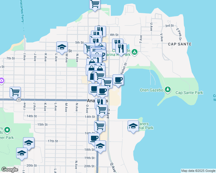 map of restaurants, bars, coffee shops, grocery stores, and more near 904 10th Street in Anacortes