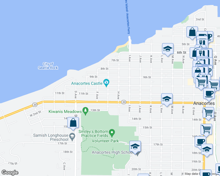 map of restaurants, bars, coffee shops, grocery stores, and more near 1819 10th Street in Anacortes