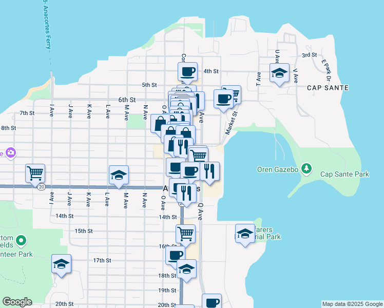 map of restaurants, bars, coffee shops, grocery stores, and more near 904 10th Street in Anacortes