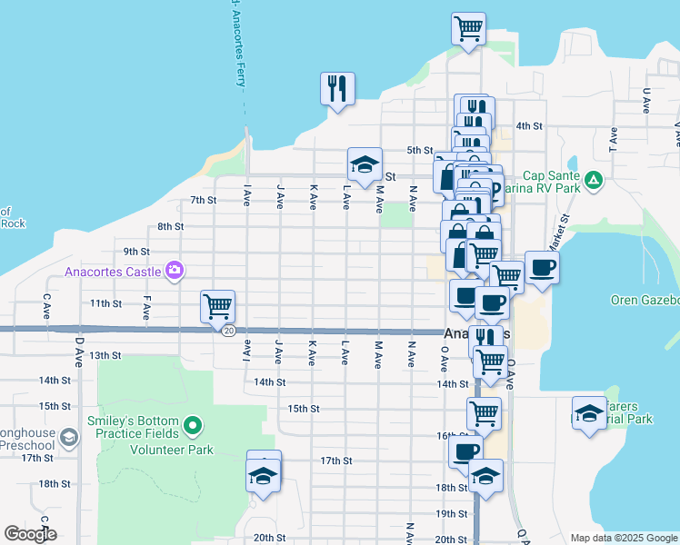 map of restaurants, bars, coffee shops, grocery stores, and more near 1404 10th Street in Anacortes