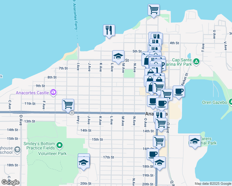 map of restaurants, bars, coffee shops, grocery stores, and more near 1404 10th Street in Anacortes
