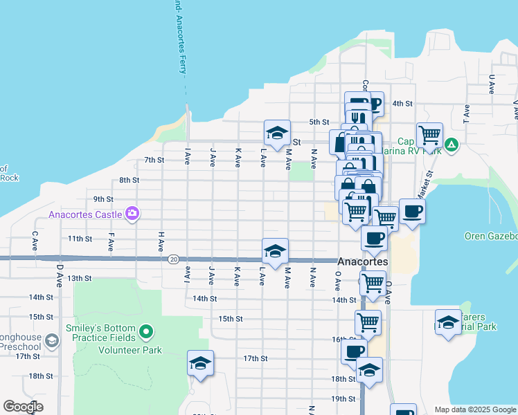 map of restaurants, bars, coffee shops, grocery stores, and more near 1404 10th Street in Anacortes