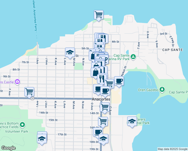 map of restaurants, bars, coffee shops, grocery stores, and more near 1020 9th Street in Anacortes