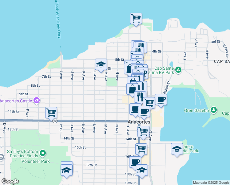 map of restaurants, bars, coffee shops, grocery stores, and more near 1211 8th Street in Anacortes