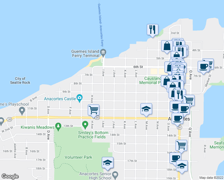 map of restaurants, bars, coffee shops, grocery stores, and more near 1602 9th Street in Anacortes