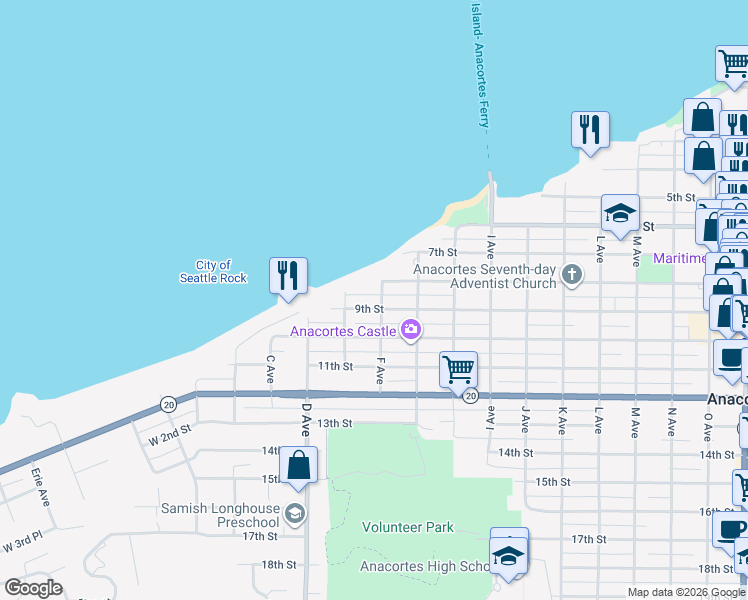 map of restaurants, bars, coffee shops, grocery stores, and more near 1920 8th Street in Anacortes