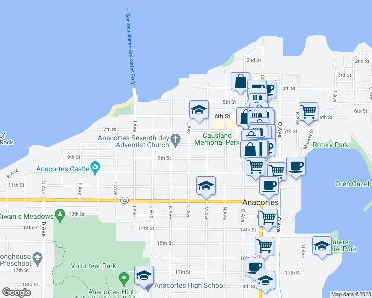 map of restaurants, bars, coffee shops, grocery stores, and more near 1401 8th Street in Anacortes