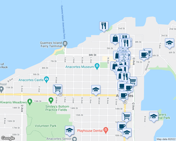 map of restaurants, bars, coffee shops, grocery stores, and more near 1405 8th Street in Anacortes