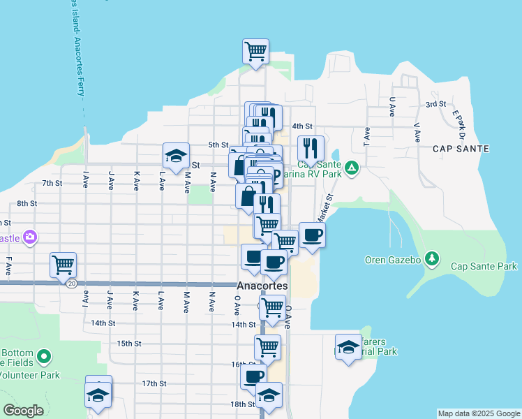 map of restaurants, bars, coffee shops, grocery stores, and more near 804 Commercial Avenue in Anacortes