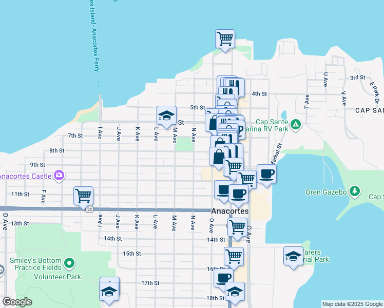 map of restaurants, bars, coffee shops, grocery stores, and more near 1211 8th Street in Anacortes