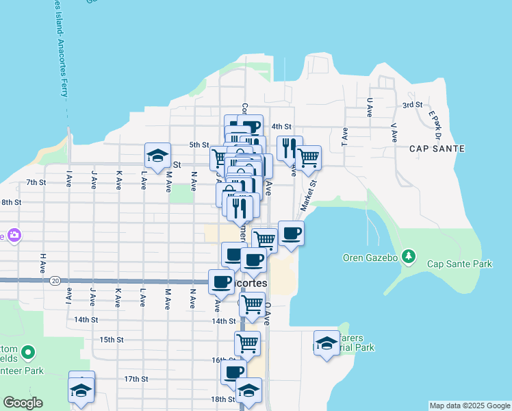 map of restaurants, bars, coffee shops, grocery stores, and more near 904 8th Street in Anacortes