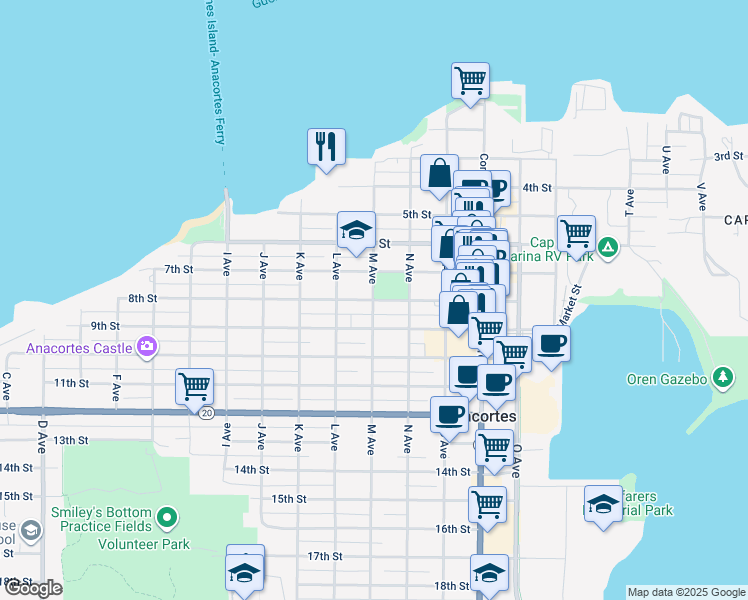 map of restaurants, bars, coffee shops, grocery stores, and more near 1302 8th Street in Anacortes