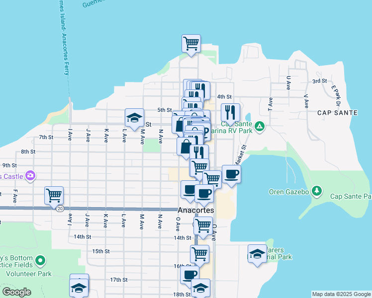 map of restaurants, bars, coffee shops, grocery stores, and more near 1018 8th Street in Anacortes