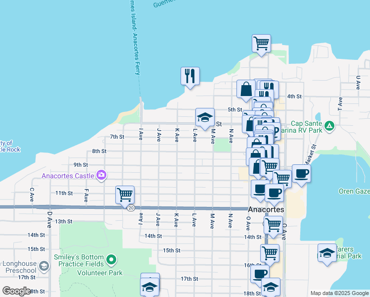 map of restaurants, bars, coffee shops, grocery stores, and more near 1402 8th Street in Anacortes