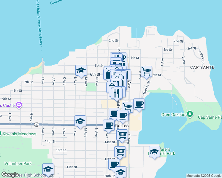 map of restaurants, bars, coffee shops, grocery stores, and more near 1018 8th Street in Anacortes