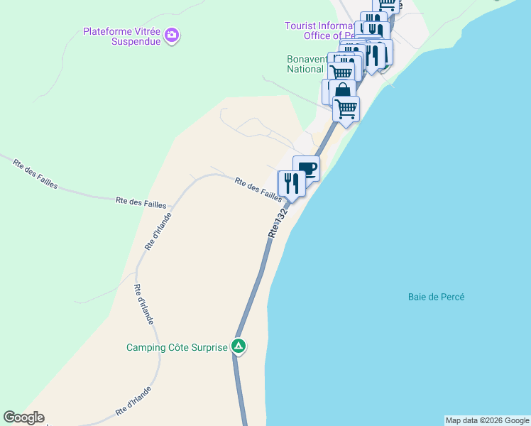 map of restaurants, bars, coffee shops, grocery stores, and more near Route des Failles in Percé