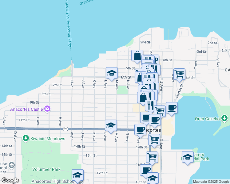 map of restaurants, bars, coffee shops, grocery stores, and more near 1302 8th Street in Anacortes