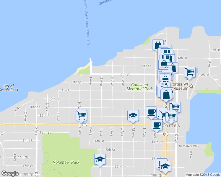map of restaurants, bars, coffee shops, grocery stores, and more near 1502 8th Street in Anacortes