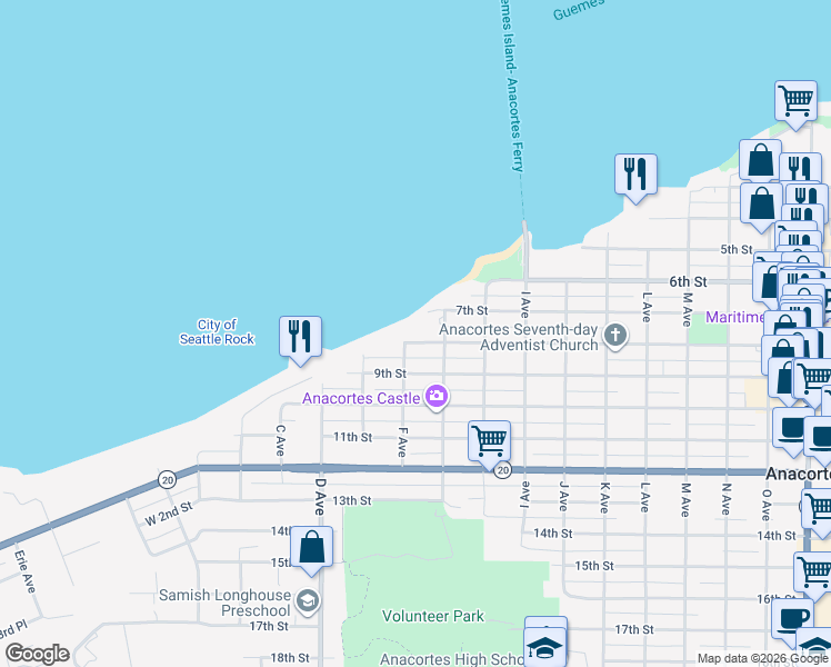map of restaurants, bars, coffee shops, grocery stores, and more near 1920 8th Street in Anacortes