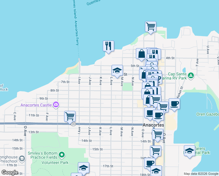map of restaurants, bars, coffee shops, grocery stores, and more near 1402 8th Street in Anacortes
