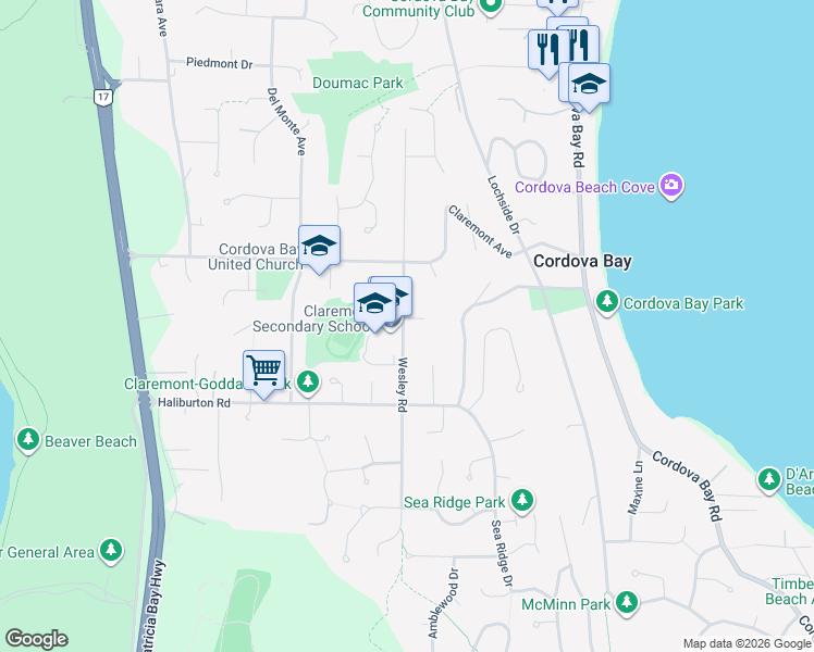 map of restaurants, bars, coffee shops, grocery stores, and more near 4987 Wesley Road in Victoria
