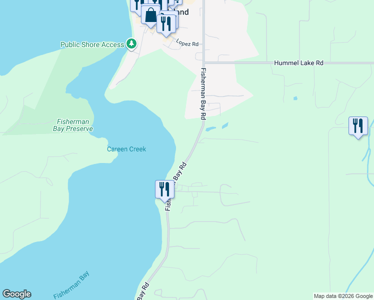 map of restaurants, bars, coffee shops, grocery stores, and more near 2654 Fisherman Bay Road in Lopez Island