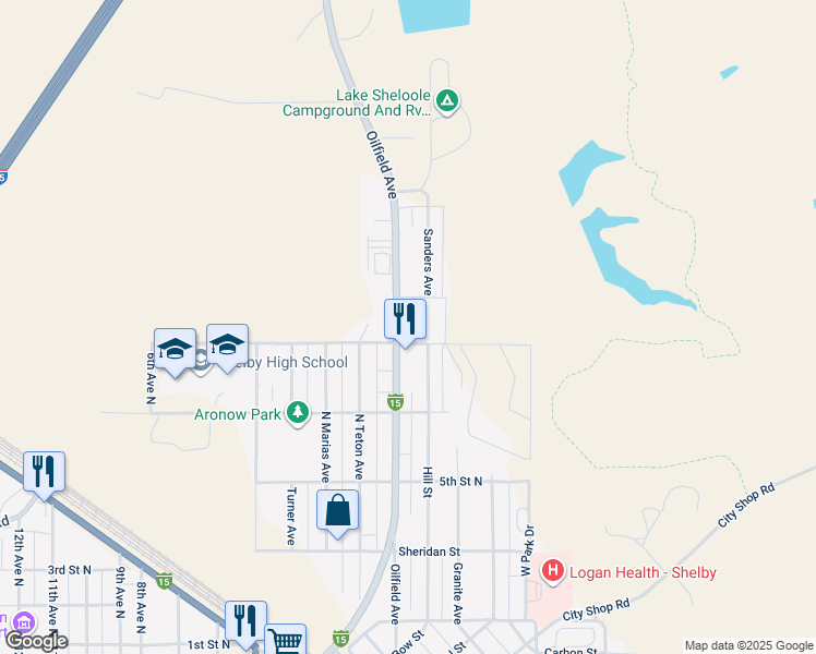 map of restaurants, bars, coffee shops, grocery stores, and more near 1010 Oilfield Avenue in Shelby