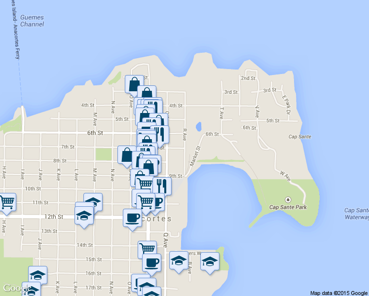 map of restaurants, bars, coffee shops, grocery stores, and more near R Ave & 7th St in Anacortes