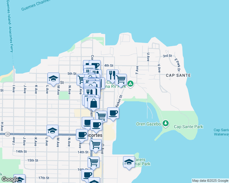 map of restaurants, bars, coffee shops, grocery stores, and more near R Ave & 7th St in Anacortes