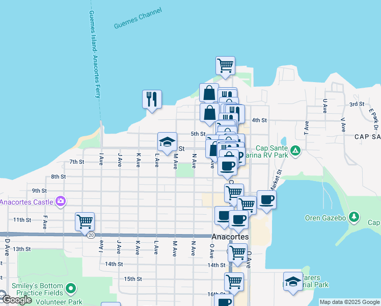 map of restaurants, bars, coffee shops, grocery stores, and more near 1201 6th Street in Anacortes