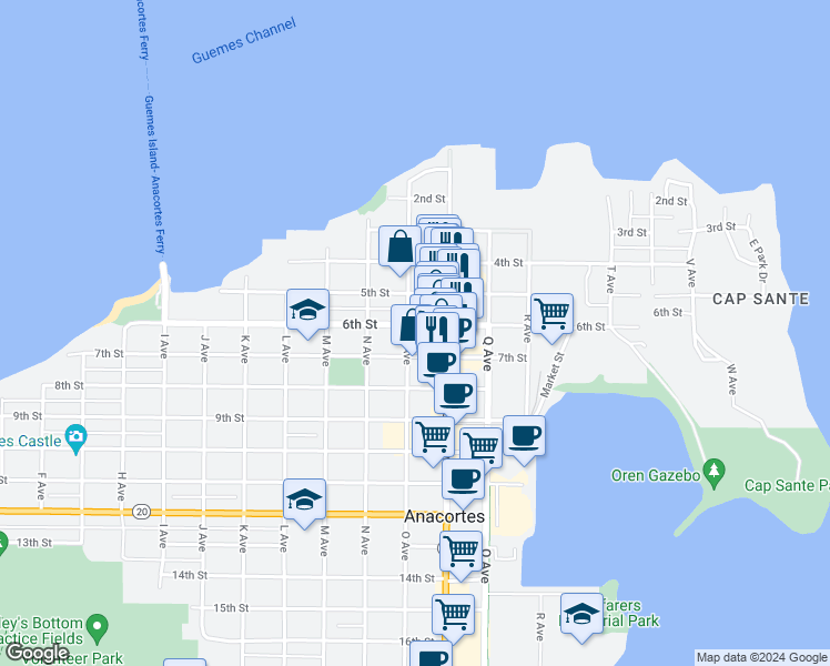 map of restaurants, bars, coffee shops, grocery stores, and more near 601 O Avenue in Anacortes