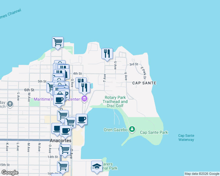 map of restaurants, bars, coffee shops, grocery stores, and more near 508-511 6th Street in Anacortes
