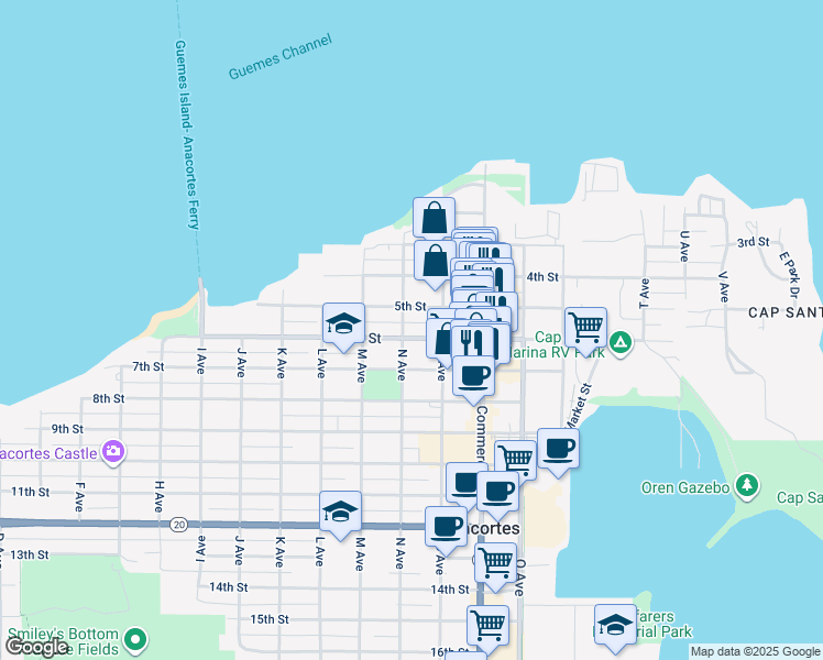 map of restaurants, bars, coffee shops, grocery stores, and more near 1201 6th Street in Anacortes