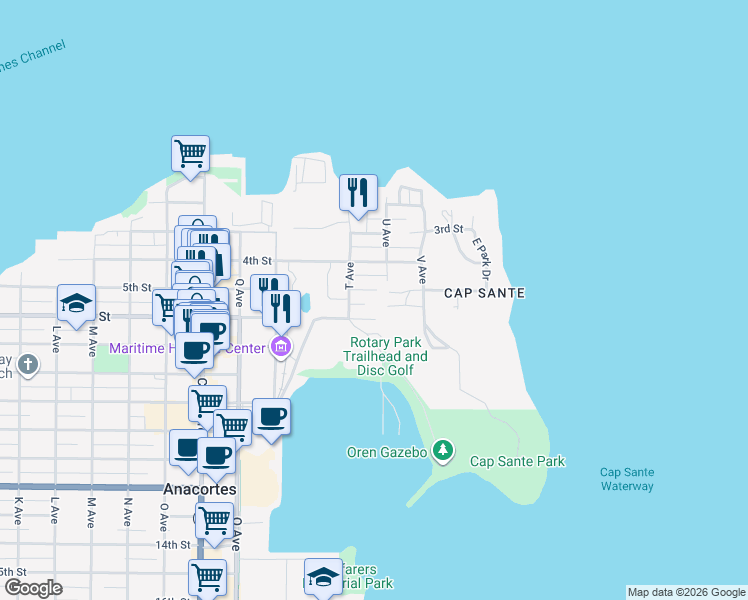 map of restaurants, bars, coffee shops, grocery stores, and more near 508-511 6th Street in Anacortes