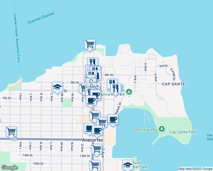 map of restaurants, bars, coffee shops, grocery stores, and more near 501 Q Avenue in Anacortes