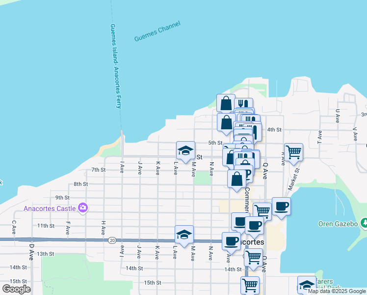 map of restaurants, bars, coffee shops, grocery stores, and more near 1311 5th Street in Anacortes