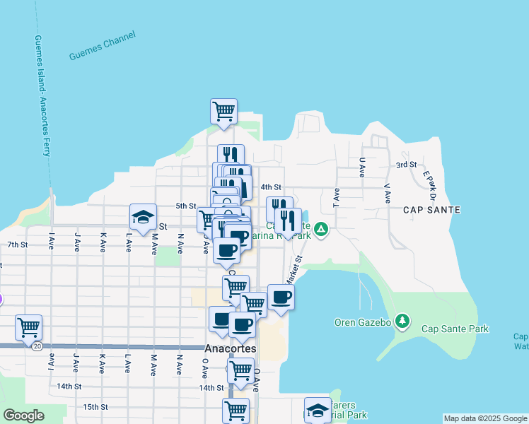 map of restaurants, bars, coffee shops, grocery stores, and more near 501 Q Avenue in Anacortes